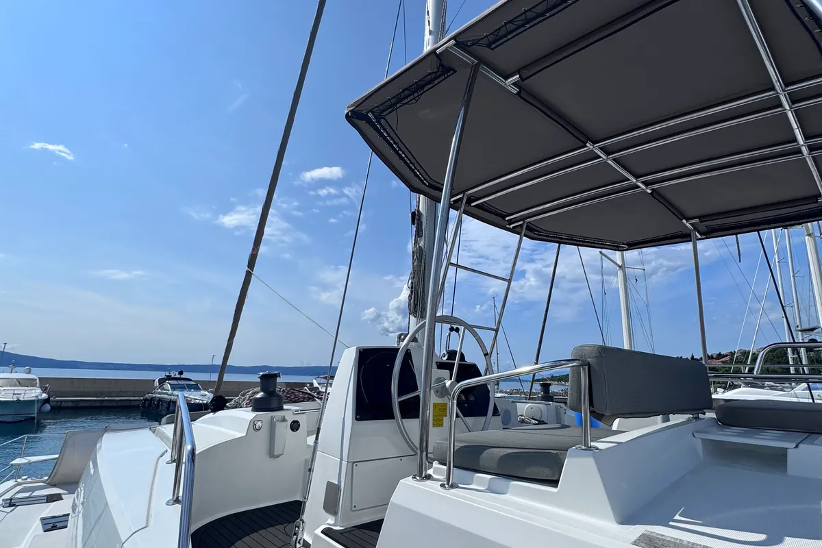 Cockpit of MY QUEEN, a Bali 4.6 catamaran at Novi Vinodolski, Croatia