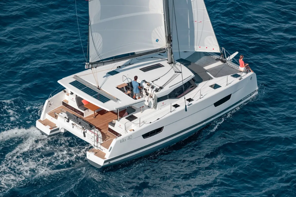 Exterior view of Déjà Vu, a Fountaine Pajot Isla 40 catamaran at Road Town, British Virgin Islands