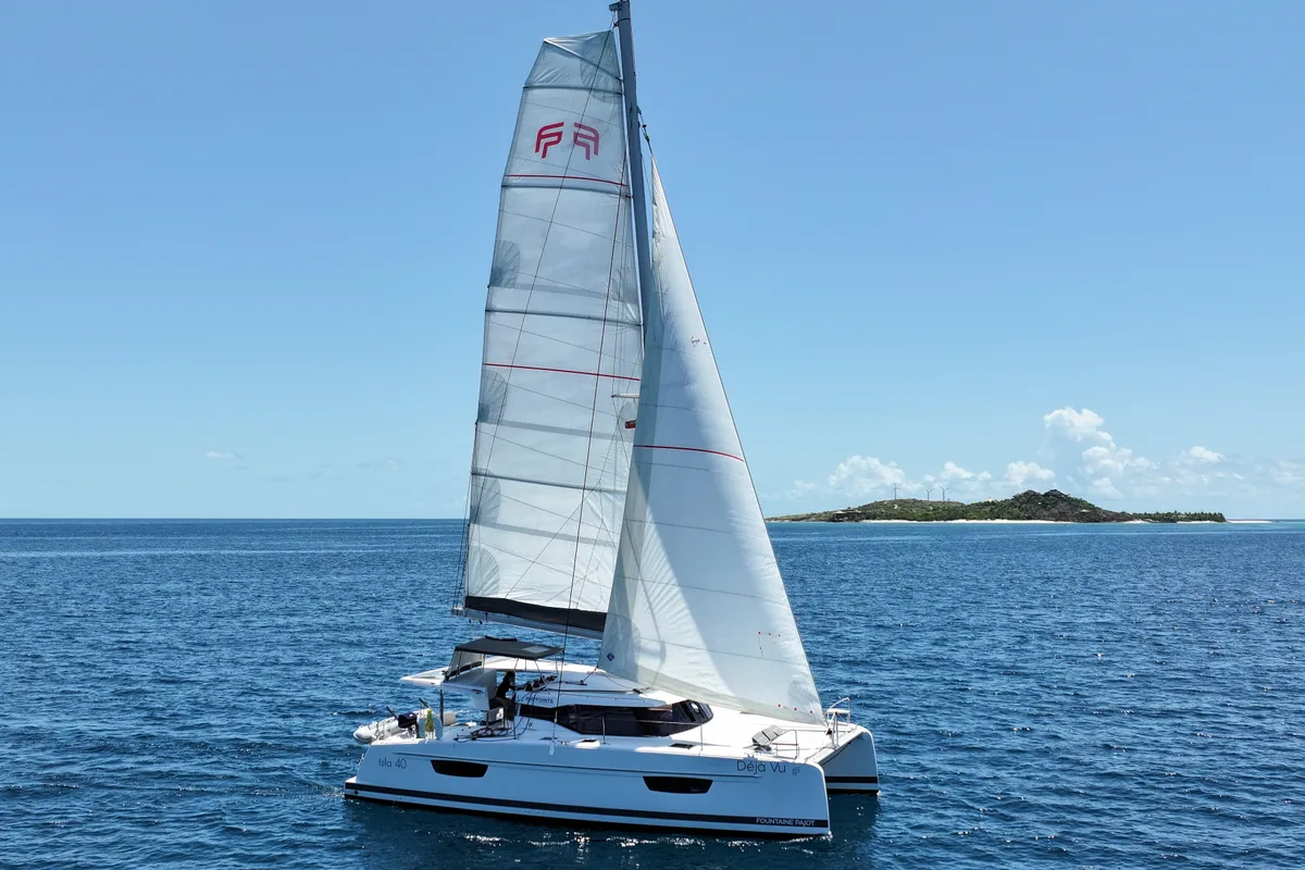 Exterior view of Déjà Vu, a Fountaine Pajot Isla 40 catamaran at Road Town, British Virgin Islands