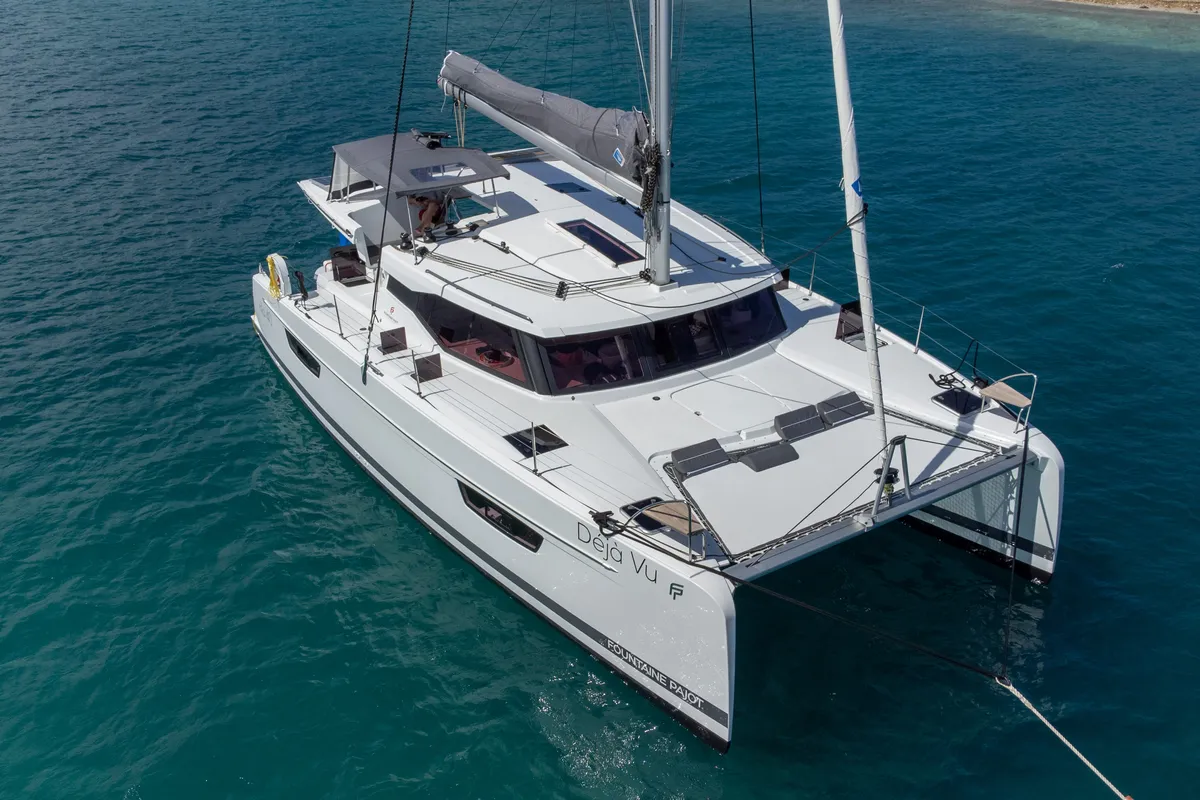 Exterior view of Déjà Vu, a Fountaine Pajot Isla 40 catamaran at Road Town, British Virgin Islands