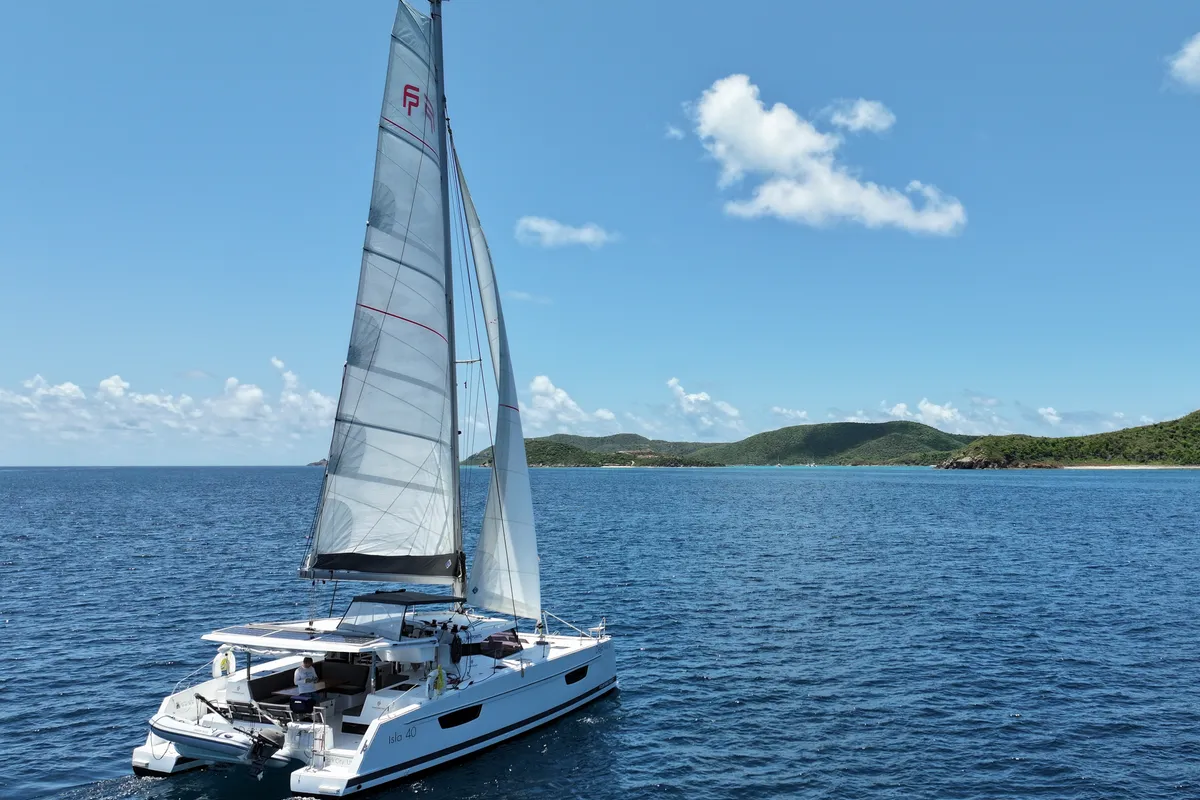 Exterior view of Déjà Vu, a Fountaine Pajot Isla 40 catamaran at Road Town, British Virgin Islands