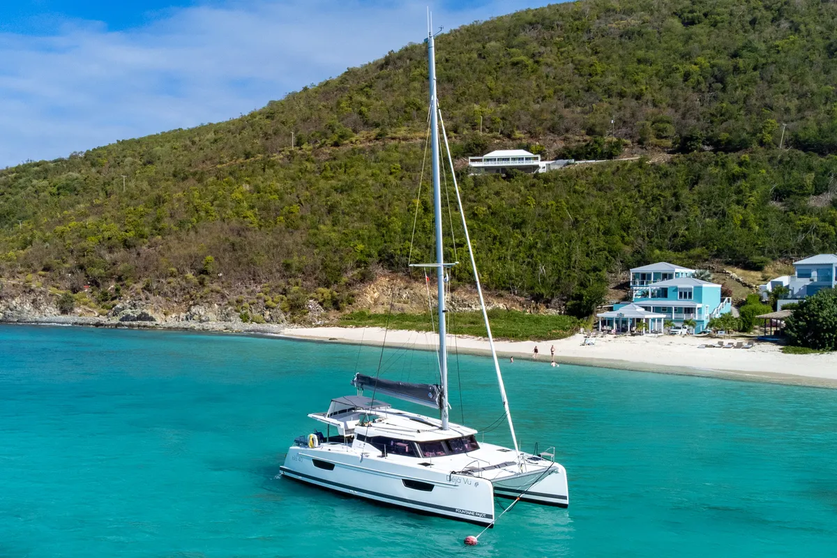 Exterior view of Déjà Vu, a Fountaine Pajot Isla 40 catamaran at Road Town, British Virgin Islands