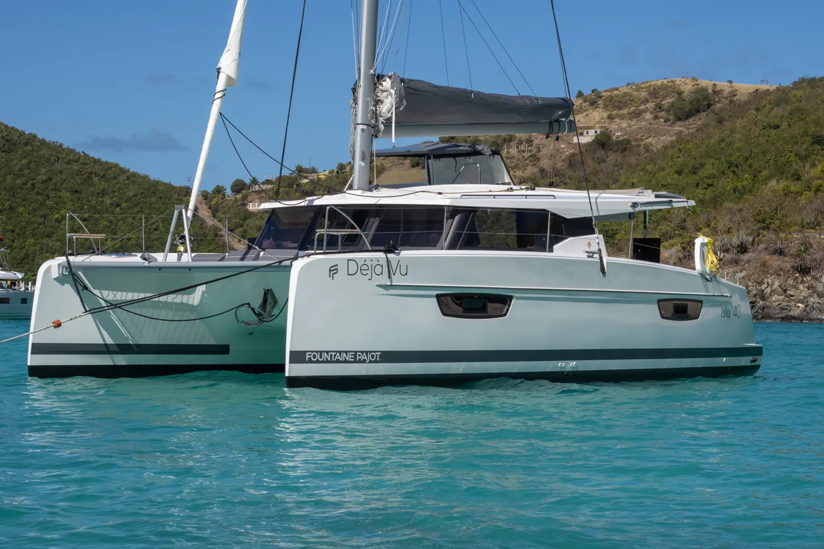 Exterior view of Déjà Vu, a Fountaine Pajot Isla 40 catamaran at Road Town, British Virgin Islands
