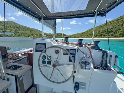 Cockpit of Déjà Vu, a Fountaine Pajot Isla 40 catamaran at Road Town, British Virgin Islands