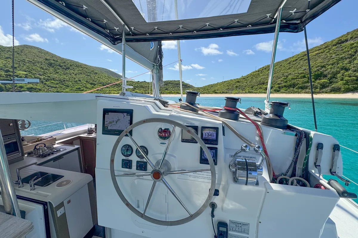 Cockpit of Déjà Vu, a Fountaine Pajot Isla 40 catamaran at Road Town, British Virgin Islands