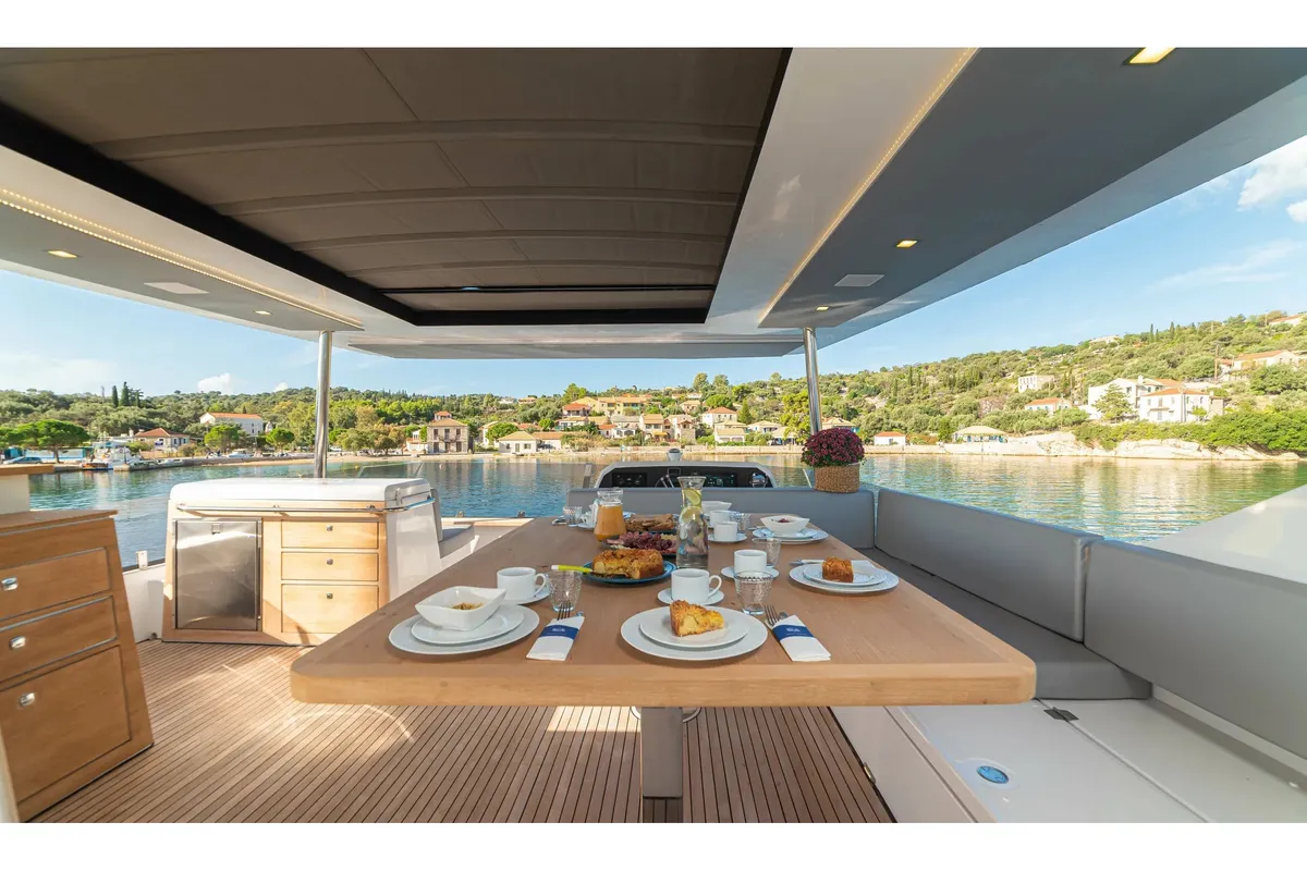 Deck of Kamchatka, a Aventura 50 MY catamaran at Athens, Greece