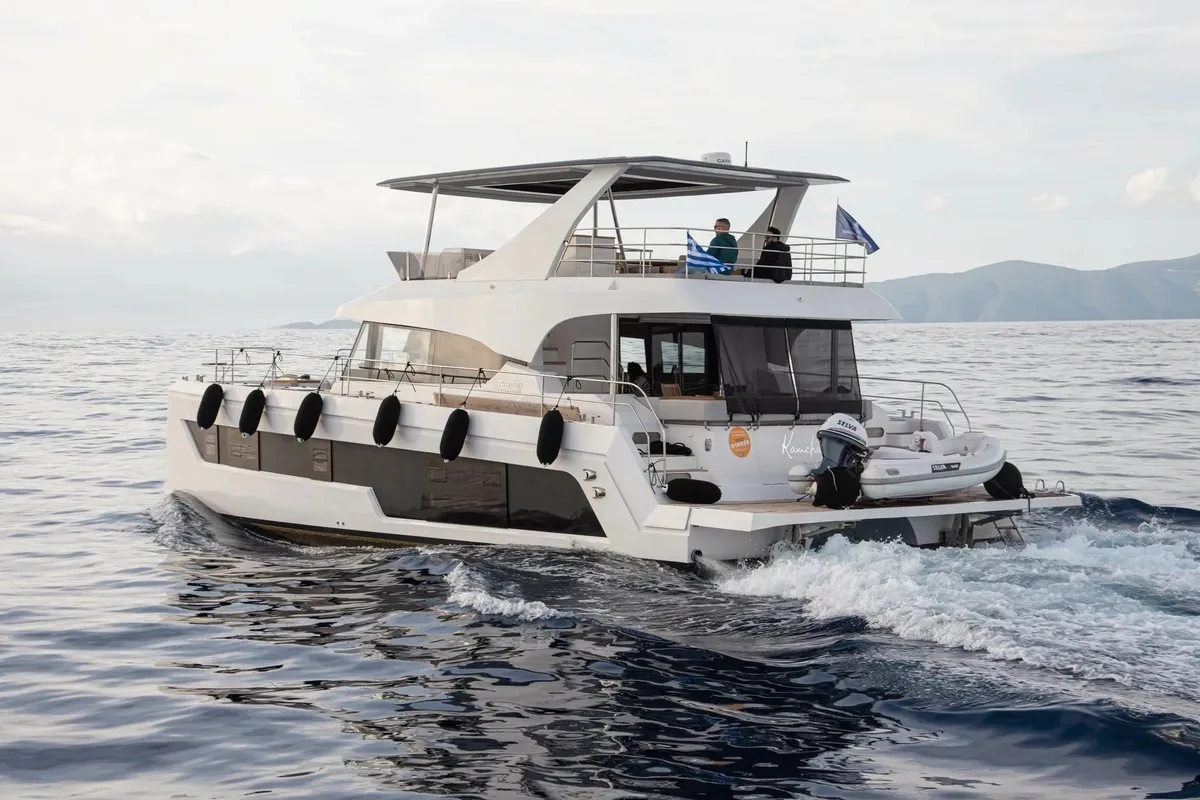 Exterior view of Kamchatka, a Aventura 50 MY catamaran at Athens, Greece