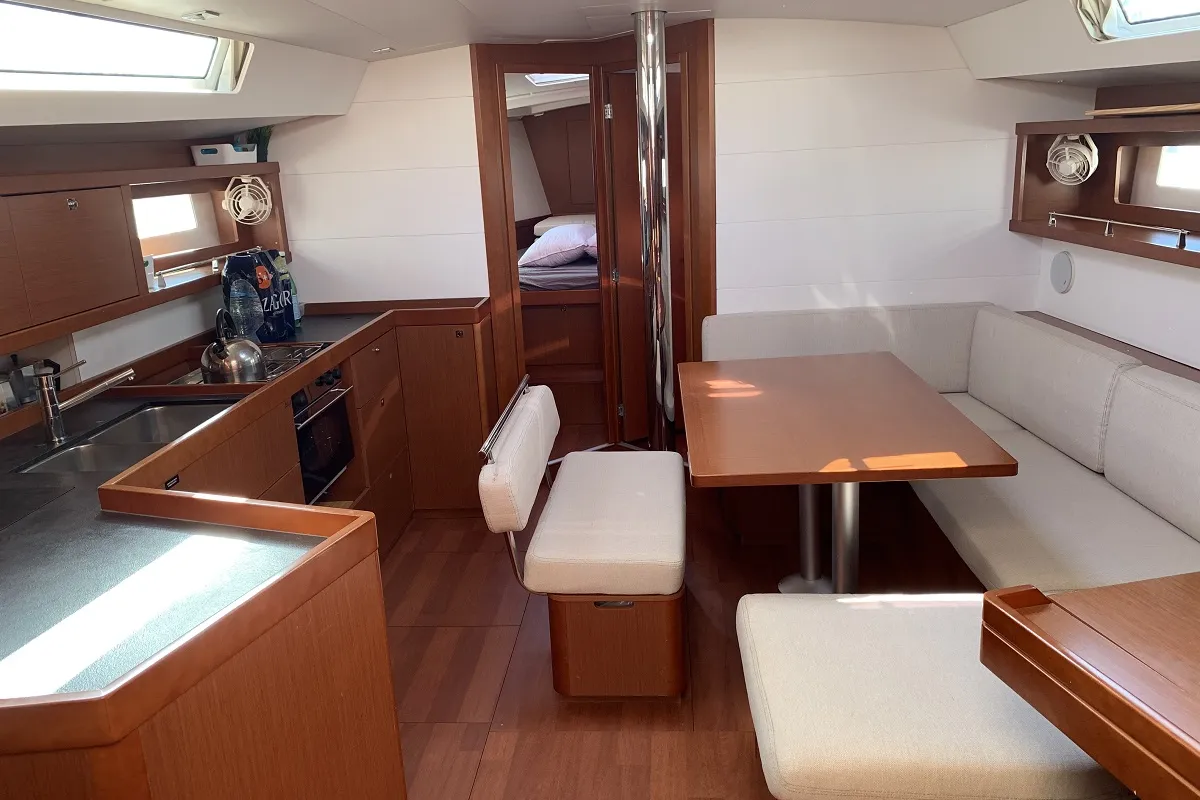 Salon of Alfa, a Beneteau Oceanis 45 sailboat at Kontokali, Greece