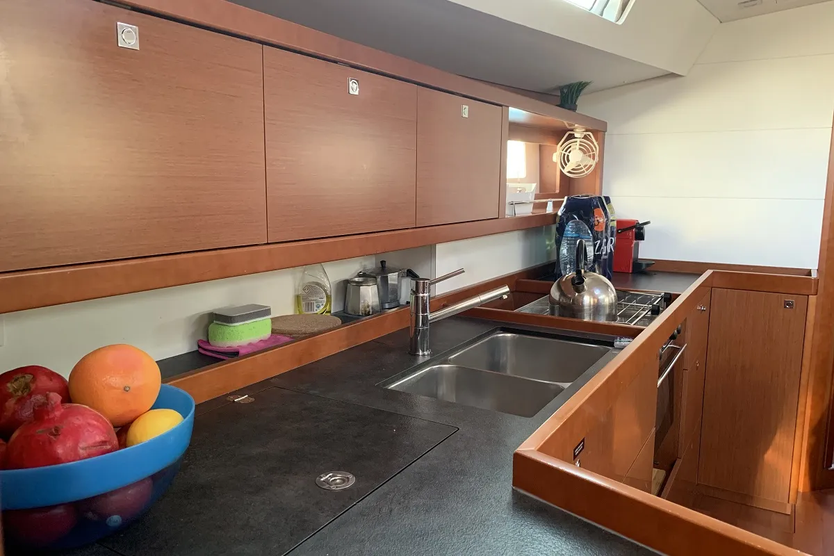 Galley of Alfa, a Beneteau Oceanis 45 sailboat at Kontokali, Greece
