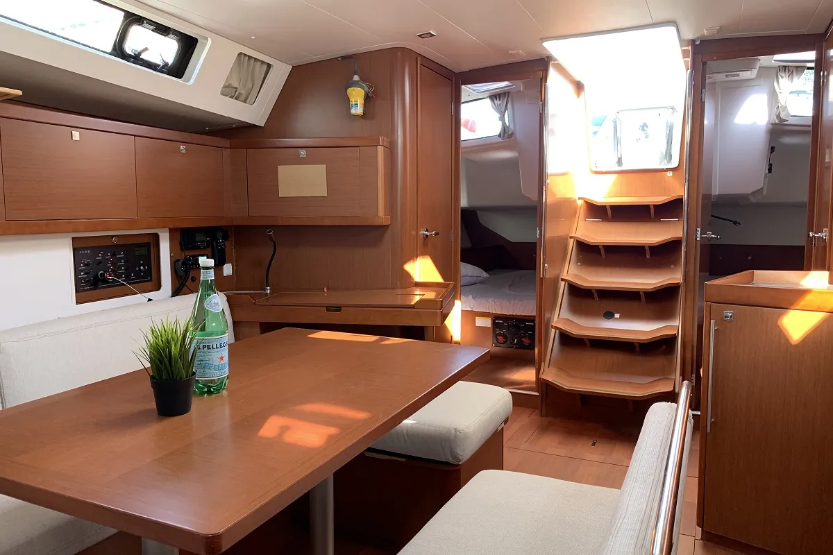 Salon of Alfa, a Beneteau Oceanis 45 sailboat at Kontokali, Greece