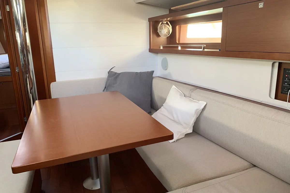 Salon of Alfa, a Beneteau Oceanis 45 sailboat at Kontokali, Greece