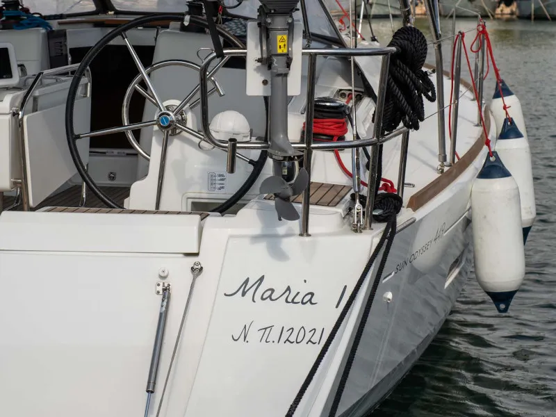 Exterior view of Maria 1, a Jeanneau Sun Odyssey 449 sailboat at Athens, Greece