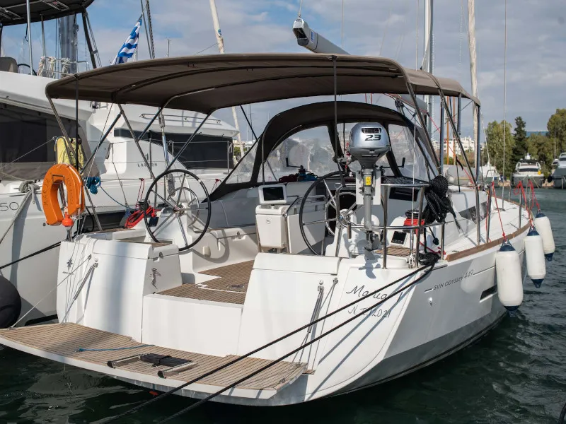 Exterior view of Maria 1, a Jeanneau Sun Odyssey 449 sailboat at Athens, Greece