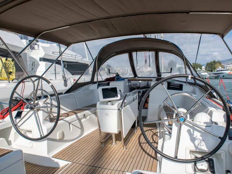 Cockpit of Maria 1, a Jeanneau Sun Odyssey 449 sailboat at Athens, Greece