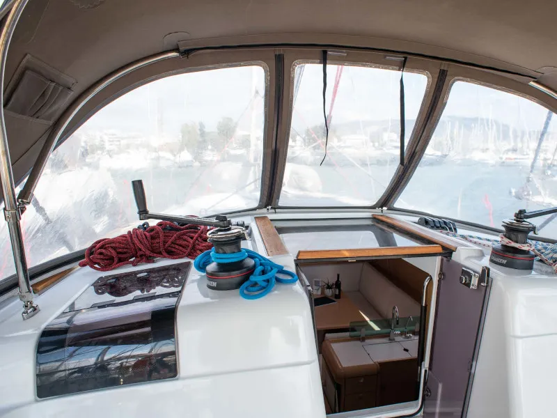 Cockpit of Maria 1, a Jeanneau Sun Odyssey 449 sailboat at Athens, Greece