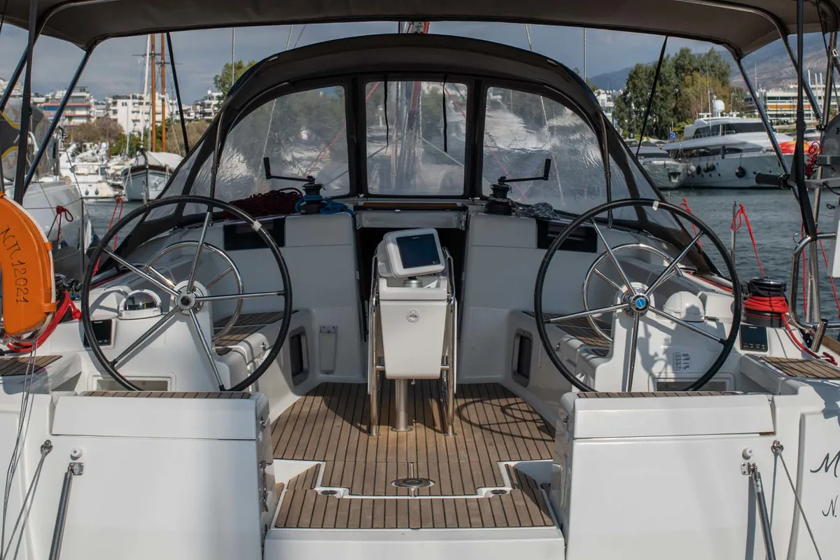 Cockpit of Maria 1, a Jeanneau Sun Odyssey 449 sailboat at Athens, Greece