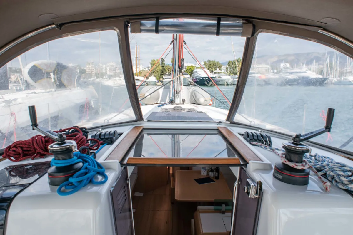 Cockpit of Maria 1, a Jeanneau Sun Odyssey 449 sailboat at Athens, Greece