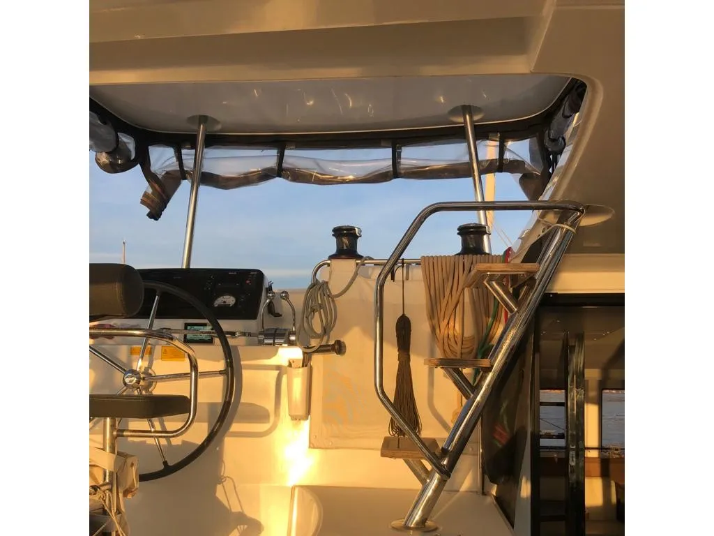 Cockpit of Kireina, a Lagoon 42 catamaran at Portoferraio, Italy
