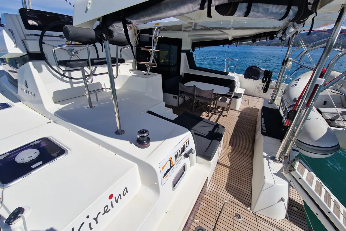 Deck of Kireina, a Lagoon 42 catamaran at Portoferraio, Italy