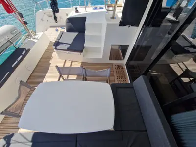 Deck of Kireina, a Lagoon 42 catamaran at Portoferraio, Italy