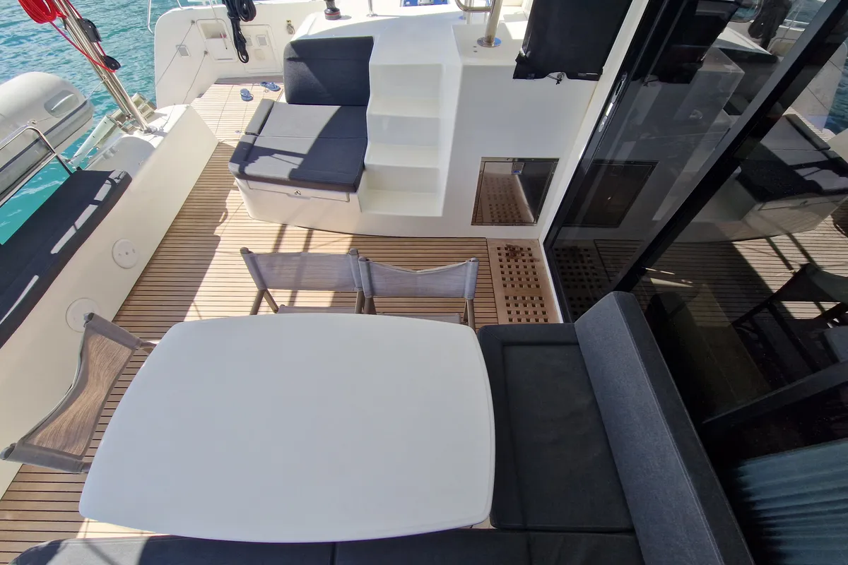Deck of Kireina, a Lagoon 42 catamaran at Portoferraio, Italy
