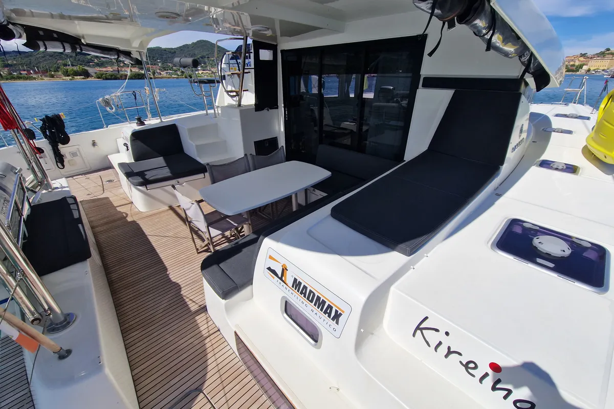 Deck of Kireina, a Lagoon 42 catamaran at Portoferraio, Italy