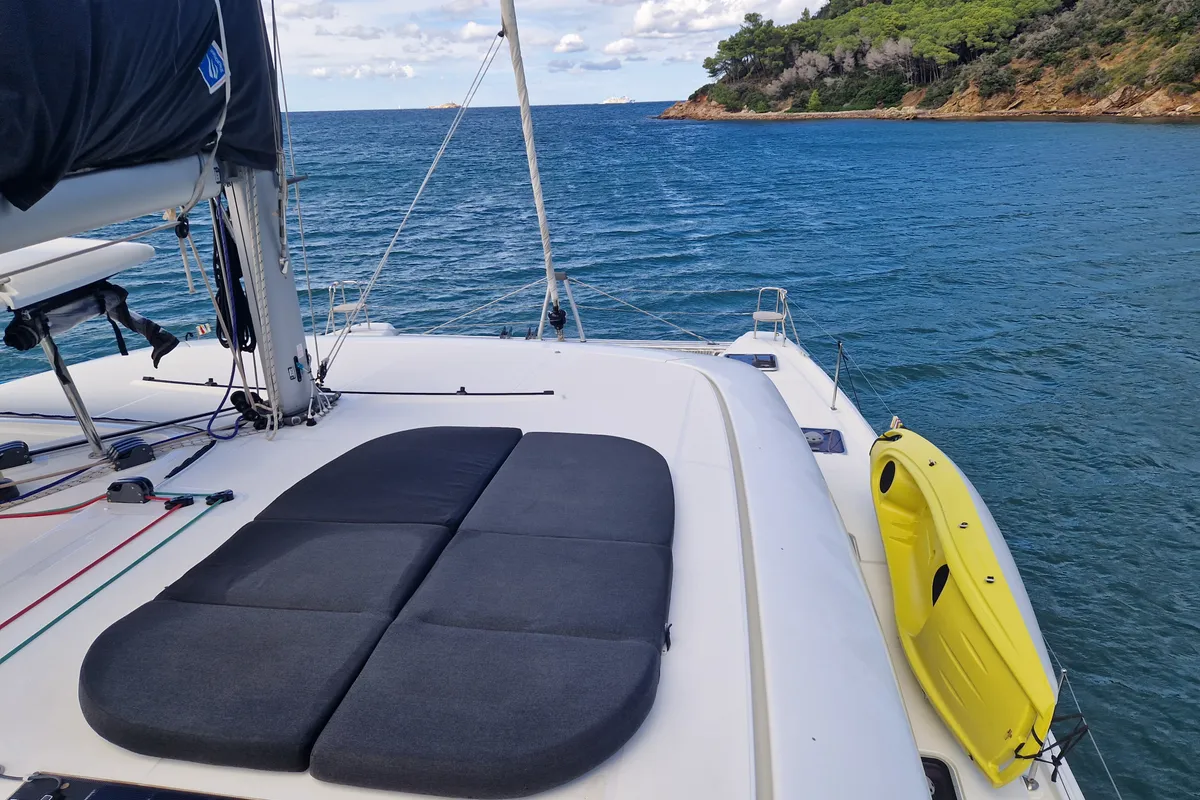 Exterior view of Kireina, a Lagoon 42 catamaran at Portoferraio, Italy
