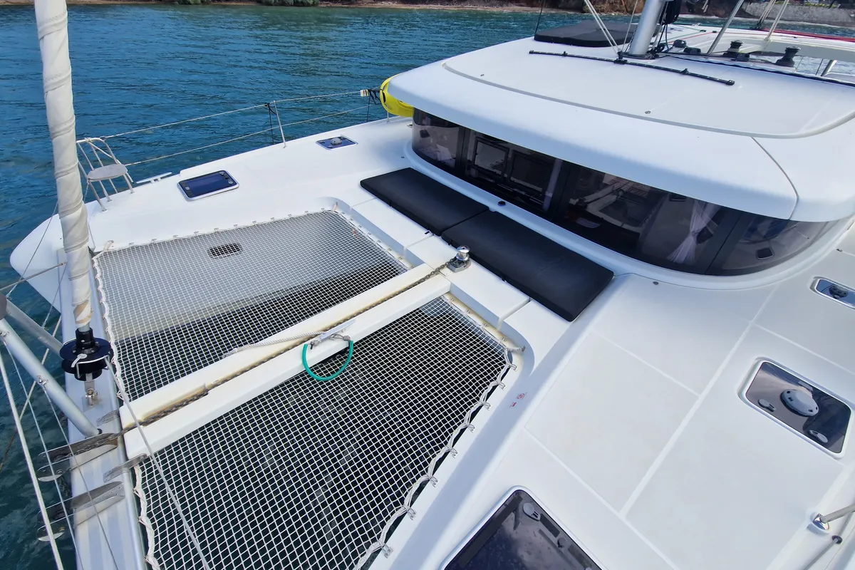 Deck of Kireina, a Lagoon 42 catamaran at Portoferraio, Italy