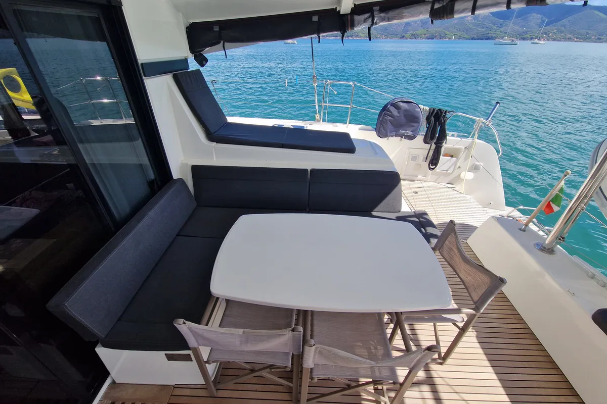 Deck of Kireina, a Lagoon 42 catamaran at Portoferraio, Italy