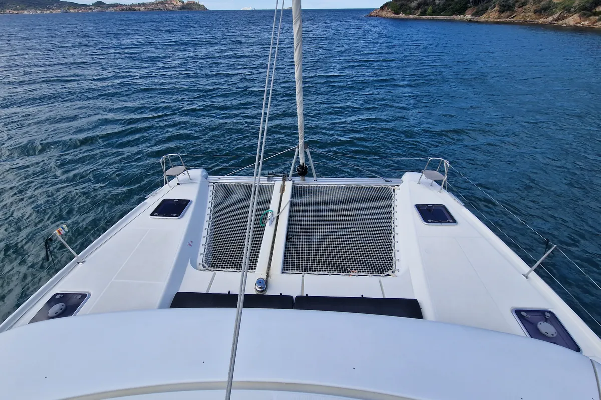 Exterior view of Kireina, a Lagoon 42 catamaran at Portoferraio, Italy