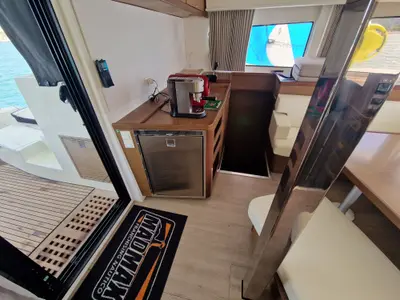 Salon of Kireina, a Lagoon 42 catamaran at Portoferraio, Italy