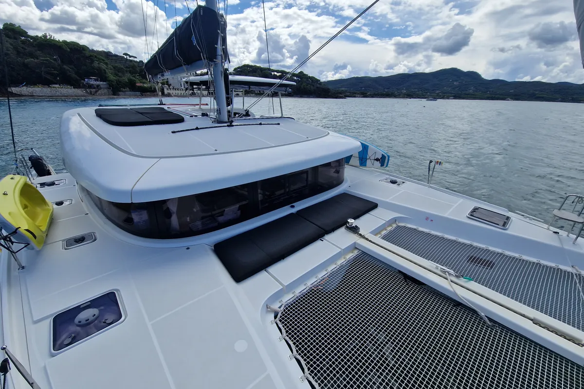 Exterior view of Kireina, a Lagoon 42 catamaran at Portoferraio, Italy