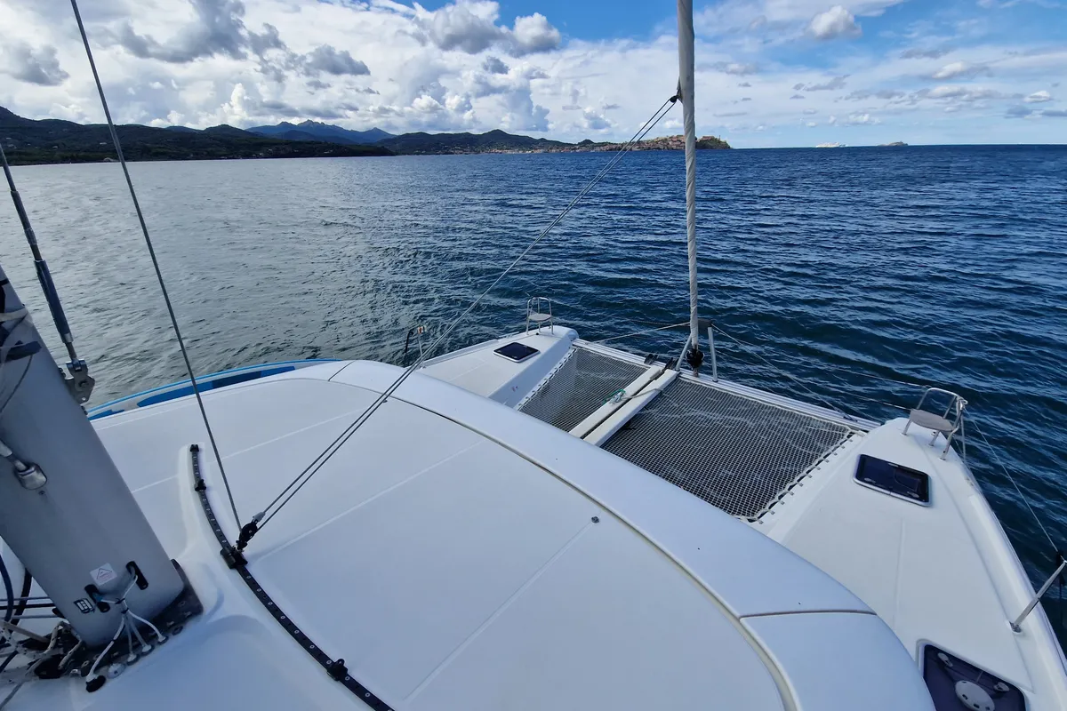 Exterior view of Kireina, a Lagoon 42 catamaran at Portoferraio, Italy