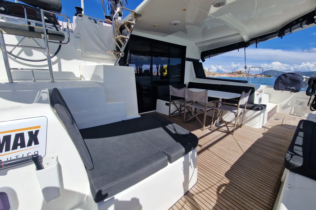 Deck of Kireina, a Lagoon 42 catamaran at Portoferraio, Italy
