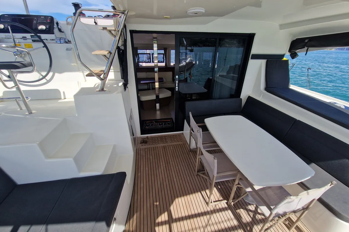 Deck of Kireina, a Lagoon 42 catamaran at Portoferraio, Italy