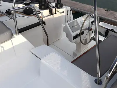 Cockpit of Beachcomber , a Fountaine Pajot Aura 51 catamaran at Road Town, British Virgin Islands