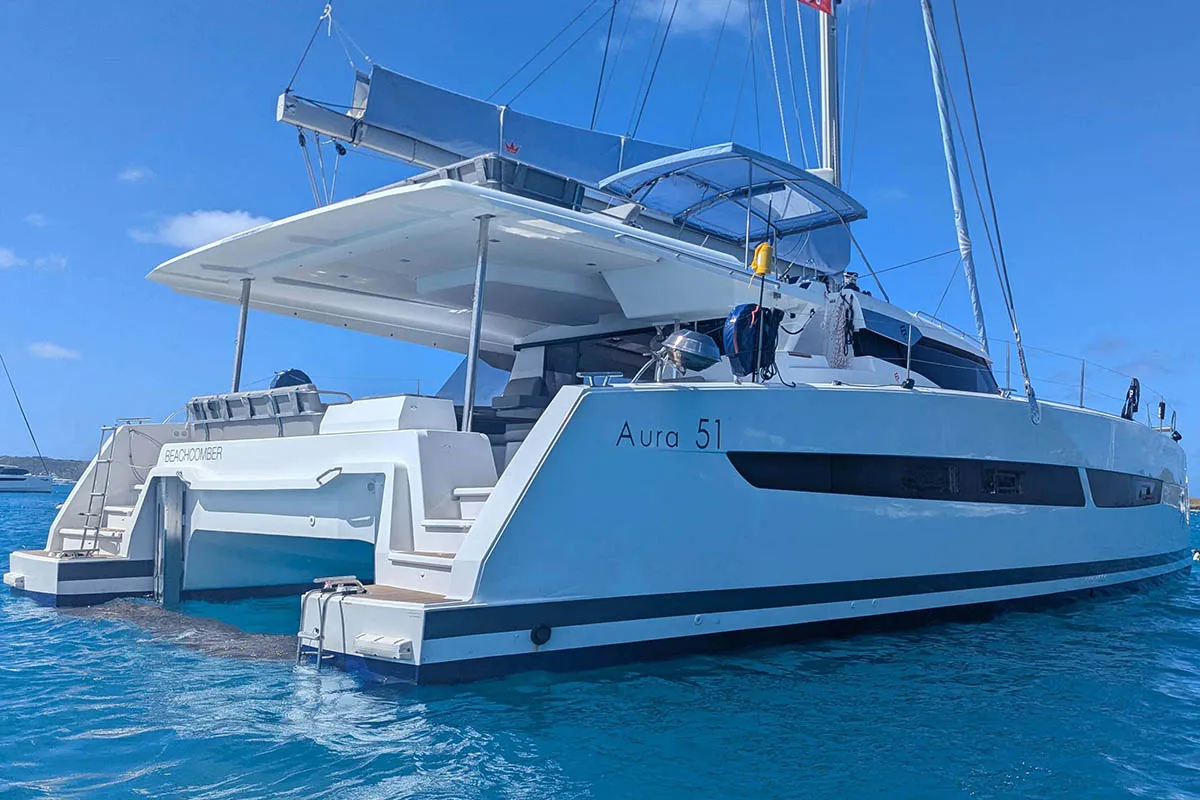 Exterior view of Beachcomber , a Fountaine Pajot Aura 51 catamaran at Road Town, British Virgin Islands