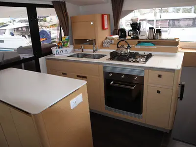 Galley of Beachcomber , a Fountaine Pajot Aura 51 catamaran at Road Town, British Virgin Islands