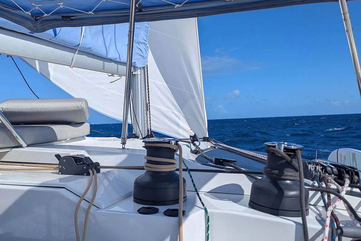 Deck of Beachcomber , a Fountaine Pajot Aura 51 catamaran at Road Town, British Virgin Islands