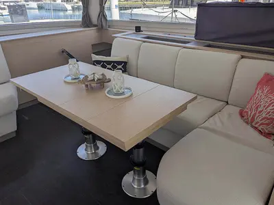 Salon of Beachcomber , a Fountaine Pajot Aura 51 catamaran at Road Town, British Virgin Islands