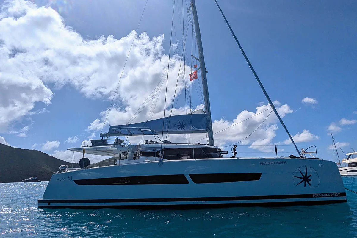 Exterior view of Beachcomber , a Fountaine Pajot Aura 51 catamaran at Road Town, British Virgin Islands