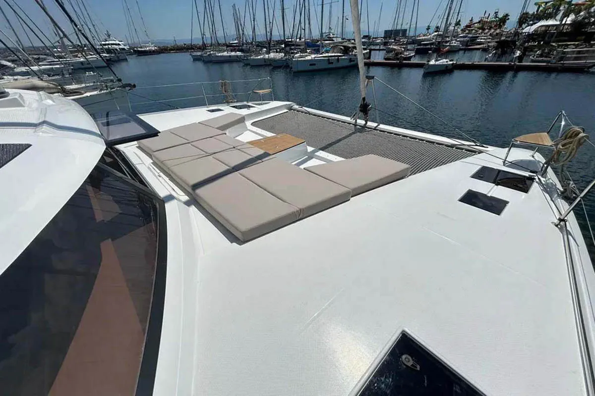 Deck of Beachcomber , a Fountaine Pajot Aura 51 catamaran at Road Town, British Virgin Islands