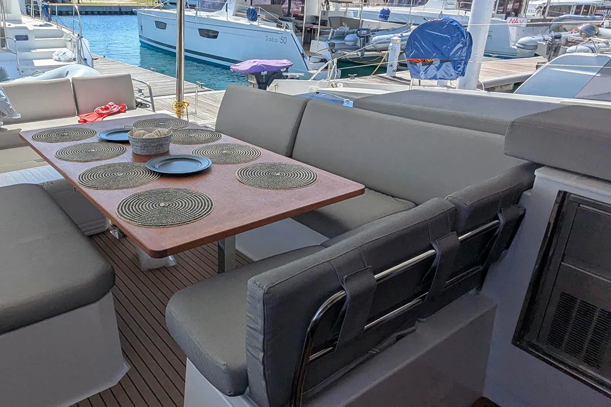 Deck of Beachcomber , a Fountaine Pajot Aura 51 catamaran at Road Town, British Virgin Islands