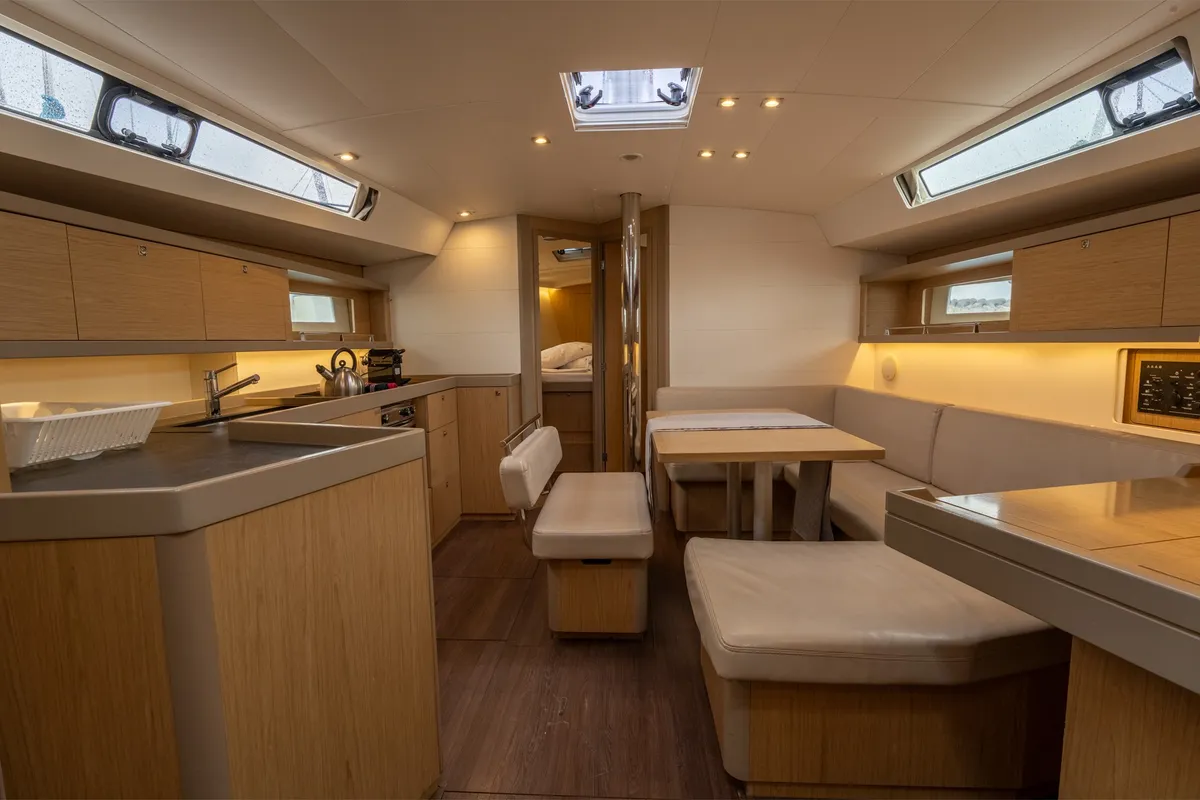 Salon of Asteria - Standard line, a Beneteau Oceanis 45 sailboat at Capo d'Orlando, Italy