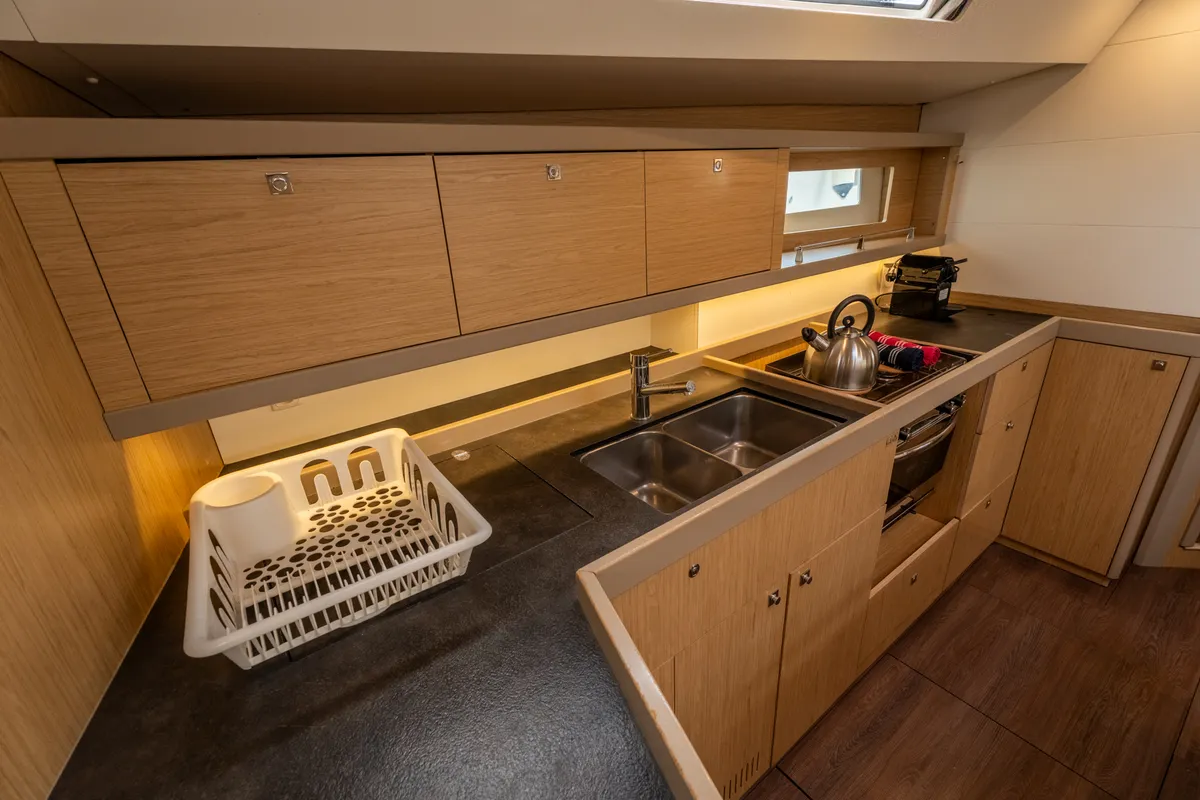 Galley of Asteria - Standard line, a Beneteau Oceanis 45 sailboat at Capo d'Orlando, Italy