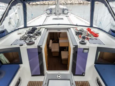 Cockpit of Asteria - Standard line, a Beneteau Oceanis 45 sailboat at Capo d'Orlando, Italy