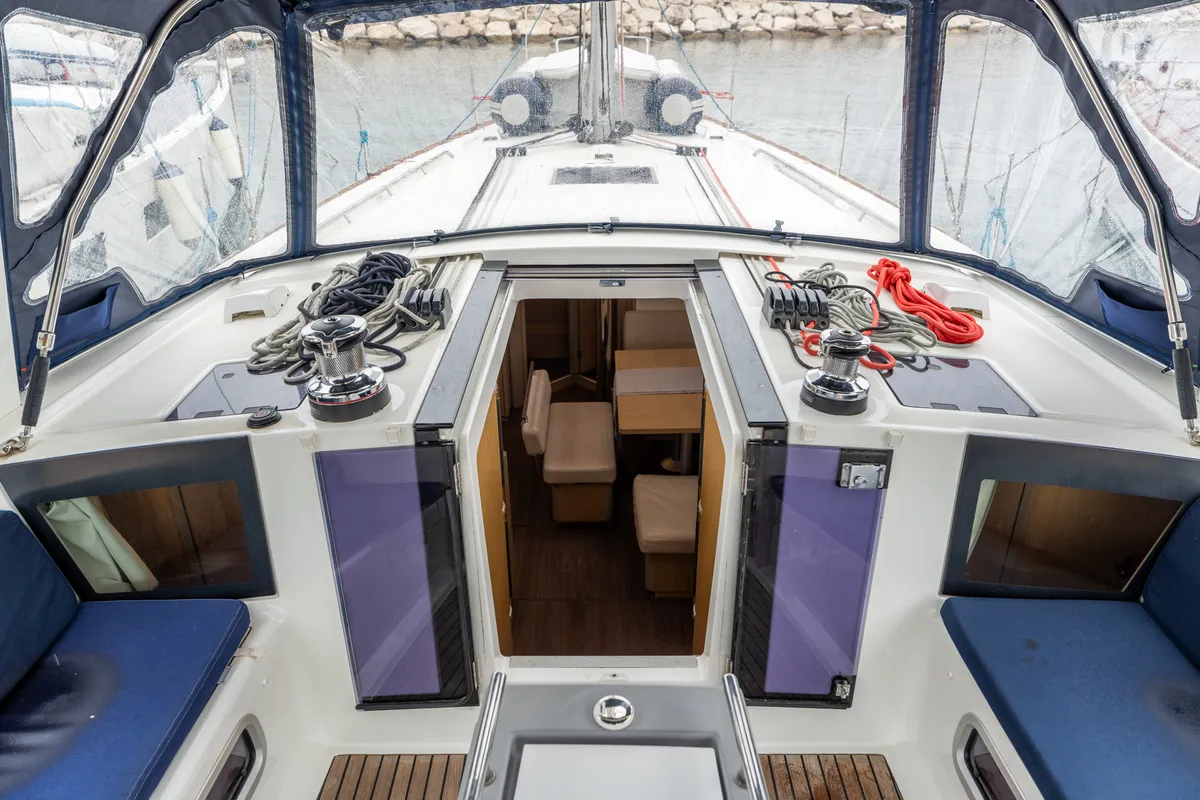 Cockpit of Asteria - Standard line, a Beneteau Oceanis 45 sailboat at Capo d'Orlando, Italy