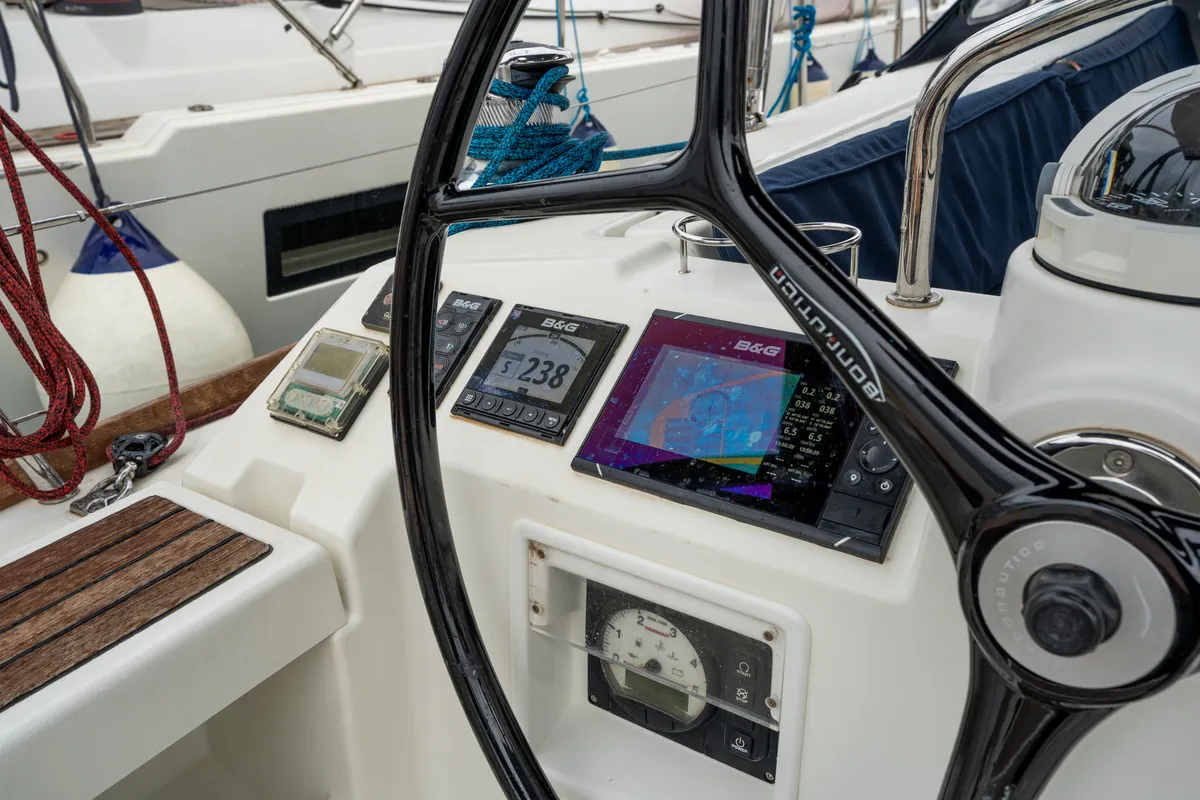Cockpit of Asteria - Standard line, a Beneteau Oceanis 45 sailboat at Capo d'Orlando, Italy