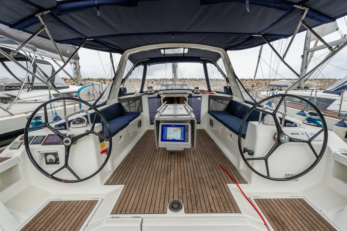 Cockpit of Asteria - Standard line, a Beneteau Oceanis 45 sailboat at Capo d'Orlando, Italy