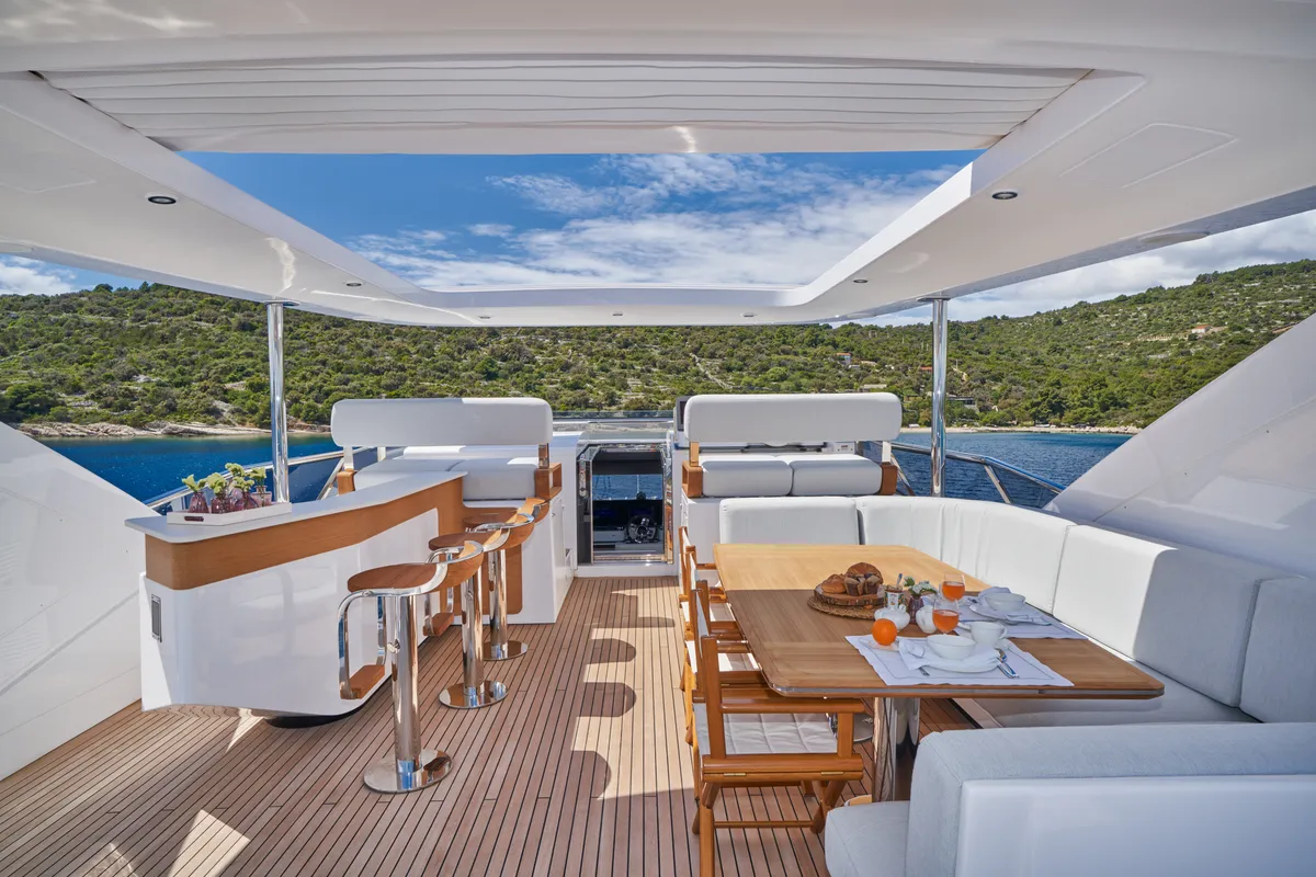 Deck of ALUMINIA TOO, a Azimut Grande 27 motor yacht at Grad Kaštela, Croatia